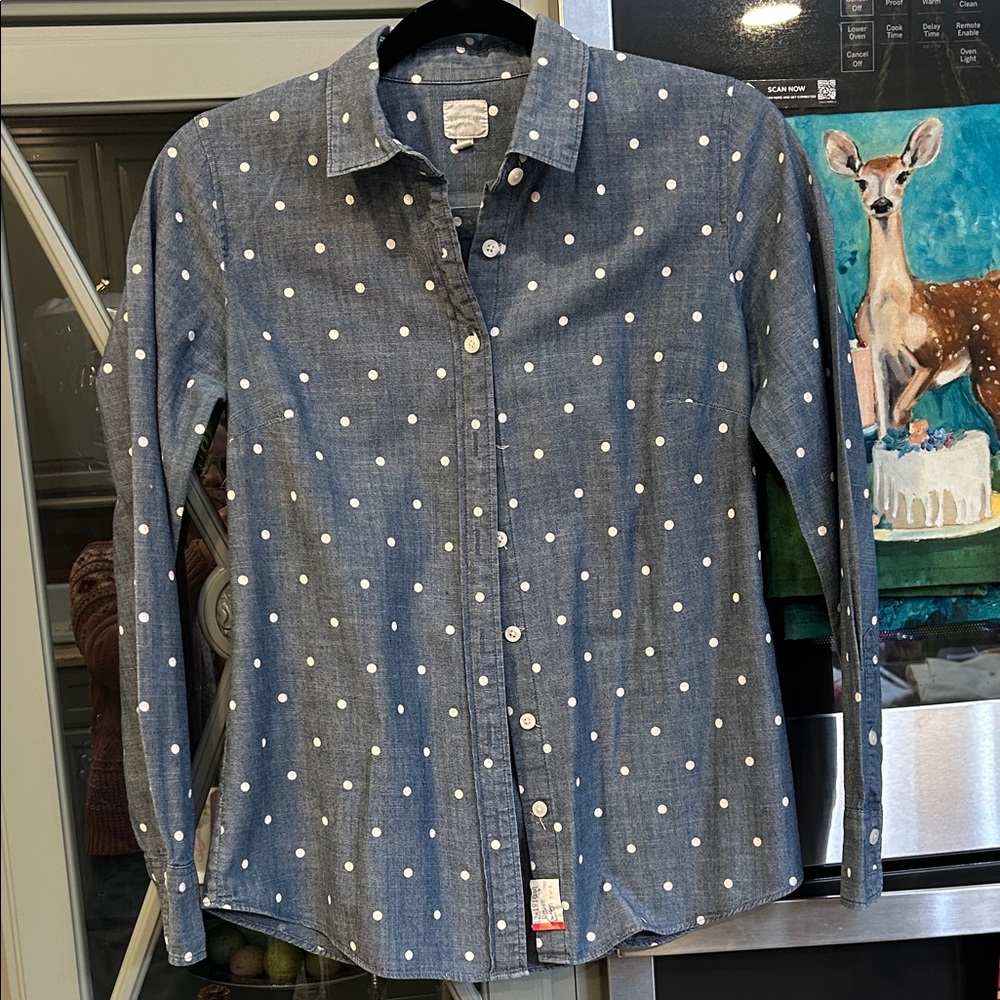 Vintage J. Crew Blue Polka Dot Chambray Button Down Shirt XS